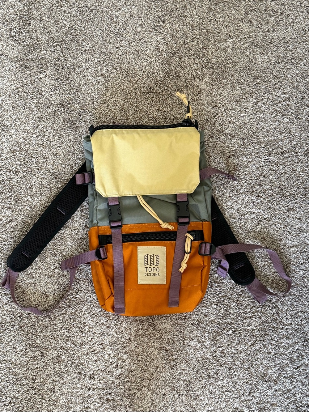 Topo Designs Colorblock Backpack - Yellow/Olive/Orange with Purple Accents